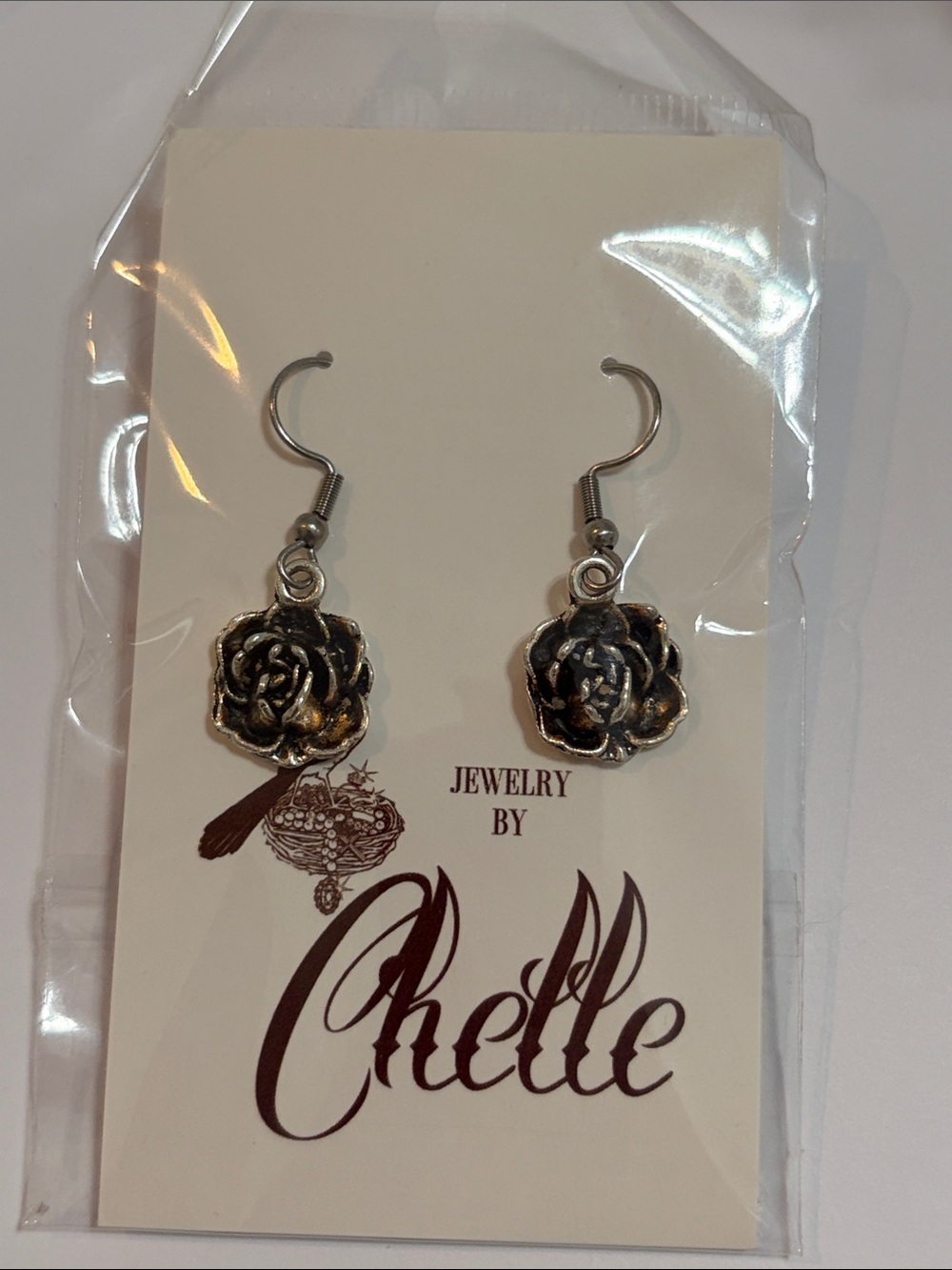 Silver Tone Rose Earrings Stainless Steel Hook